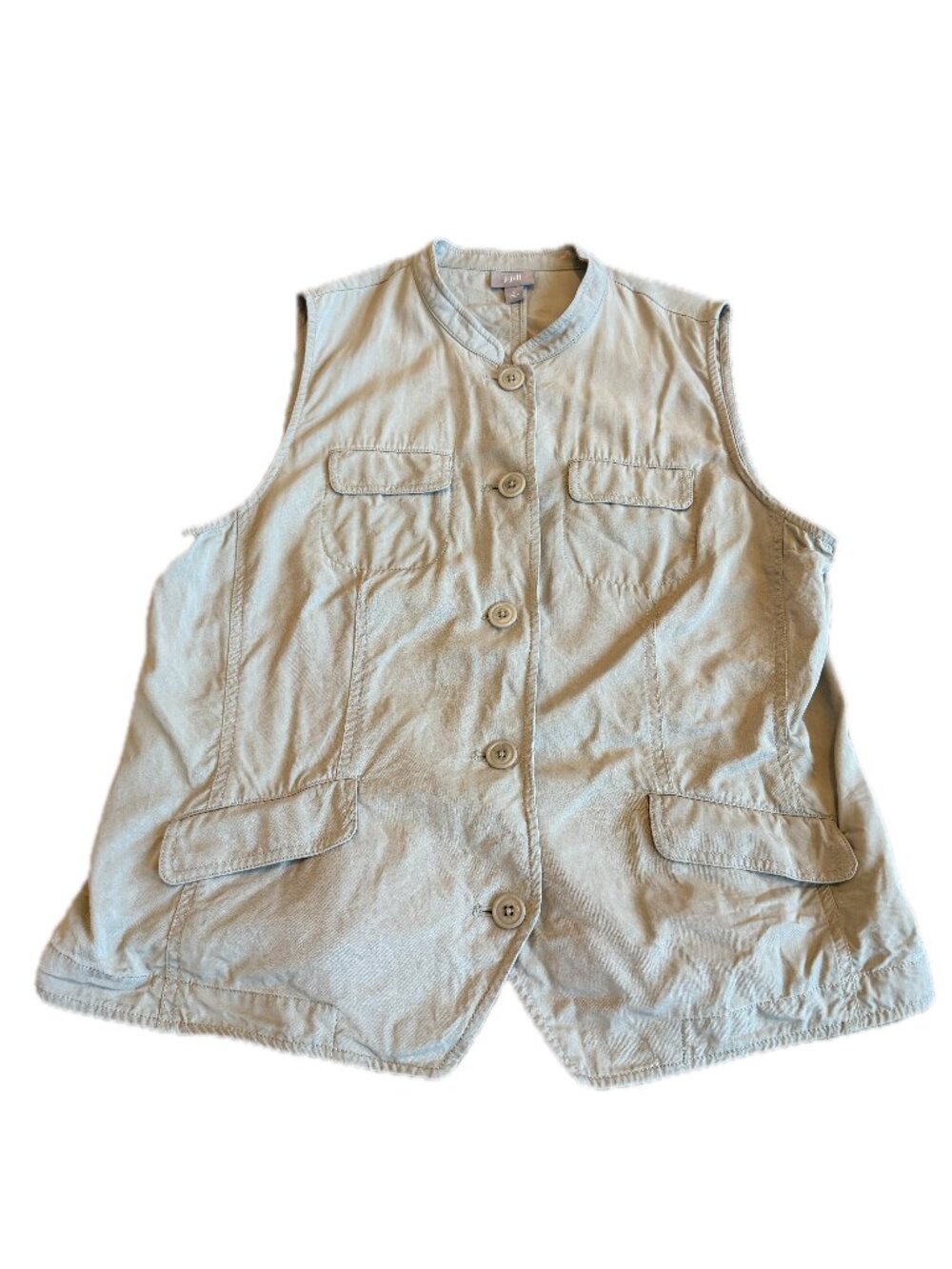 J. Jill Tan Sleeveless Utility Vest Mandarin Collar Pockets Safari Large Women's